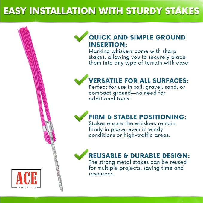 ACE Supply Pink Marking Whiskers with Stakes - Pack of 100 - Durable Marking Whisker Set - Use Survey Whiskers As Ground Markers, Construction Markers, Or Trail Markers