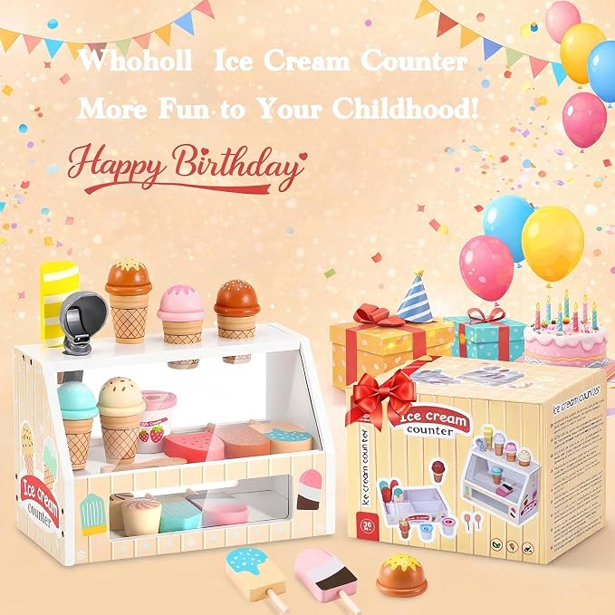 WHOHOLL Wooden Ice Cream Toys Kids Play Store Pretend Toy for Toddlers, Play Kitchen Accessories with Scoop, Menu, Ice Cream Play Set Birthday for 3 4 5 6 Year Old Girls Boys