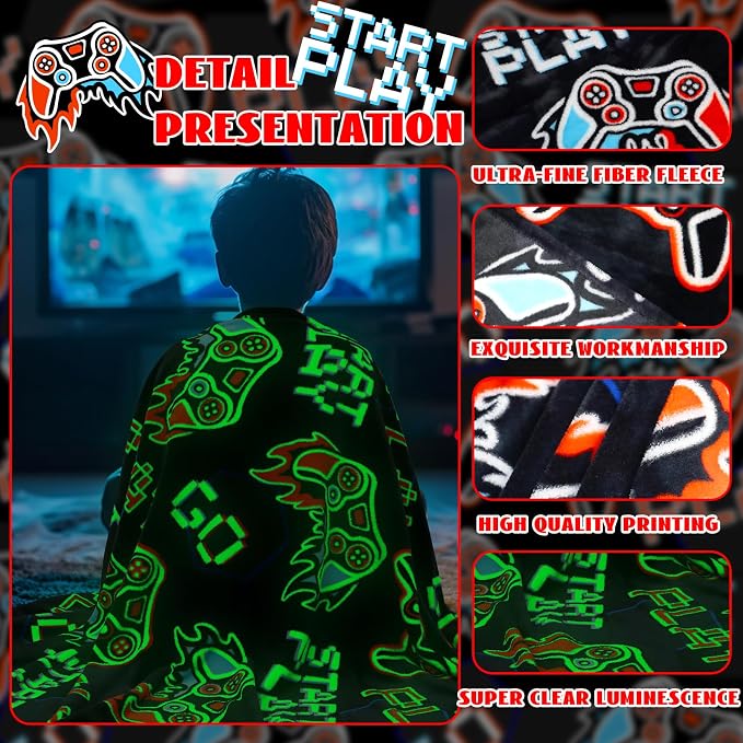 ORDM Glow in The Dark Blanket Boys Gaming Controller Throw Blanket Game Controller Easter Gifts for Boys Toys Age 1-15 Years Old Birthday Gifts Room Decor Luminous Blanket