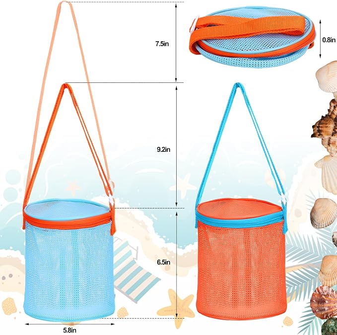 Vodolo Sea Shell Bags for Beach,2pcs Mesh Seashell Holder,Shelling Collecting Tools Travel Sand Toys Storage Bucket for Sandbox,Beach Vacation Essentials for Kids,The Beach Must Haves Sand Box Toy Bag