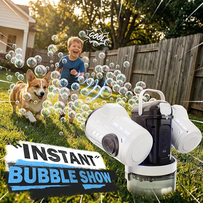 Dual-Engine Bubble Machine with Auto Rotation & RGB Lights & Remote Control,1800mA Type-C Rechargeable,700mL Tank,Bubble Maker for Kids, Party, Wedding, Backyard Outdoor Toy