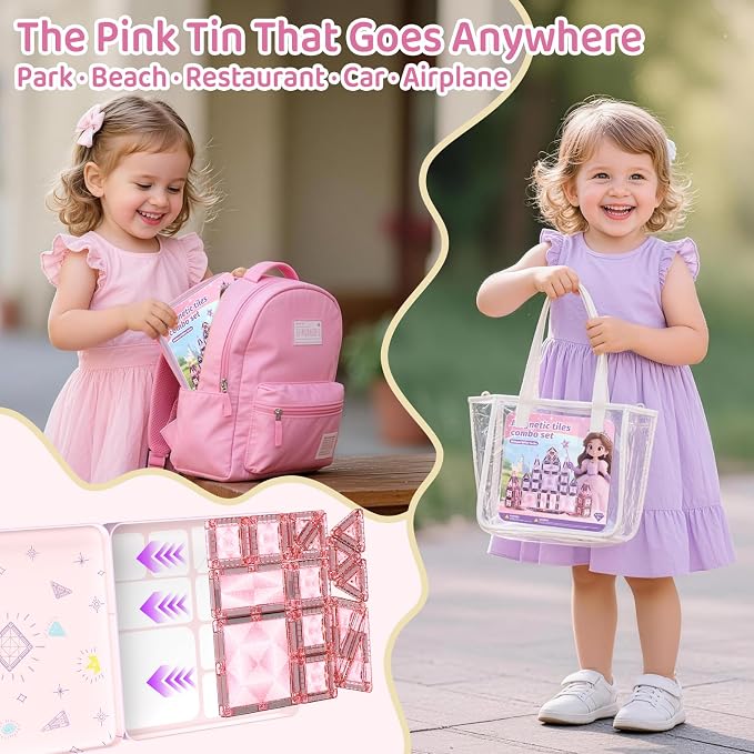 burgkidz Sparkling Glitter Magnetic Tiles for Girls Ages 3-8: 42PCS Pink & Purple Tiles with Storage Tin, Standard Size Compatible with Leading Brands, Dual Size Mix, Travel Friendly Birthday Gift