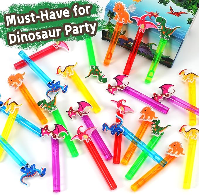 24Pcs Dinosaur Bubble Wands for Kids Dino Party Favors Supplies Decorations, Pinata Goodie Bag Stuffers & Classroom Prizes