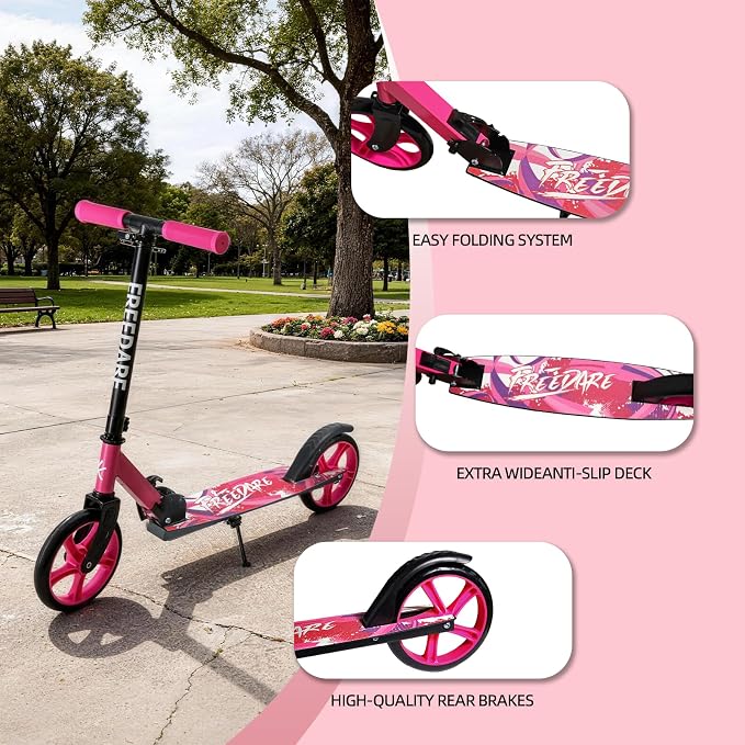 FREEDARE Kick Scooter for Kids & Adults Ages 8+, Foldable Teen Scooter with 2 Big 8-inch Wheels and 4-Level Adjustable Handlebar, Max Load 220 LBS