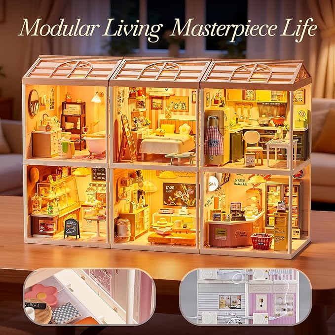 DIY Miniature Bedroom Kit – 82Pcs Cozy Dollhouse Room with LED Light & Blister Packaging, Connectable Model for Kids 8+ & Teens