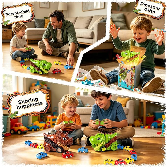 Remote Control Dinosaur Truck Toy Eats Cars for Kids 3-7 | RC Tyrannosaurus, 9 Mini Magnetic Cars, 2 Speed, 2.4G Rechargeable, Birthday Holiday Gift for Dino & RC Cars Lover