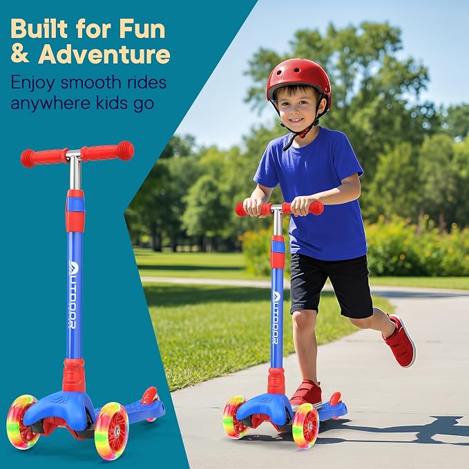 Outdoor Cruiser 3-Wheel Kids Scooter – with Lean-to-Steer Technology, Led Lighted Wheel, 4-Level Adjustable Height T-bar Handle, Support Kids Up to 150 Lbs, for Boys & Girls Ages 3-8, Blue and Red