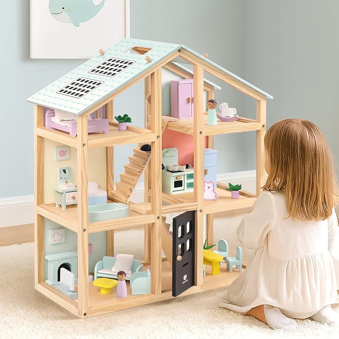 Pillowhale Wooden Dollhouse for Girls Age 3+ | 3-Story Doll House with 38 PCS Furniture, Movable Stairs & Adjustable Lights, Modern DIY Dollhouse Birthday Gift for Kids