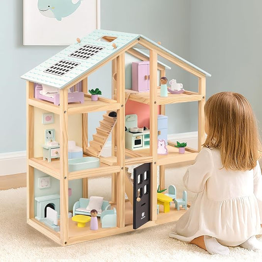Pillowhale Wooden Dollhouse for Girls Age 3+ | 3-Story Doll House with 38 PCS Furniture, Movable Stairs & Adjustable Lights, Modern DIY Dollhouse Birthday Gift for Kids