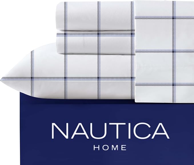Nautica - Queen Sheet Set, Cotton Percale Bedding Set, Crisp & Cool, Stylish Bedding Set (Plot Blue, Queen)