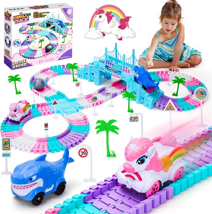 Race Track Toys for 3 4 5 Year Old Girls Gifts: Unicorn & Shark 194PCS Flexible Racetrack for Kids Ages 4-8 | Monster Truck Car Toys for Toddlers 3-6 | Magic Tracks Toddler Girls Toys Age 6-8