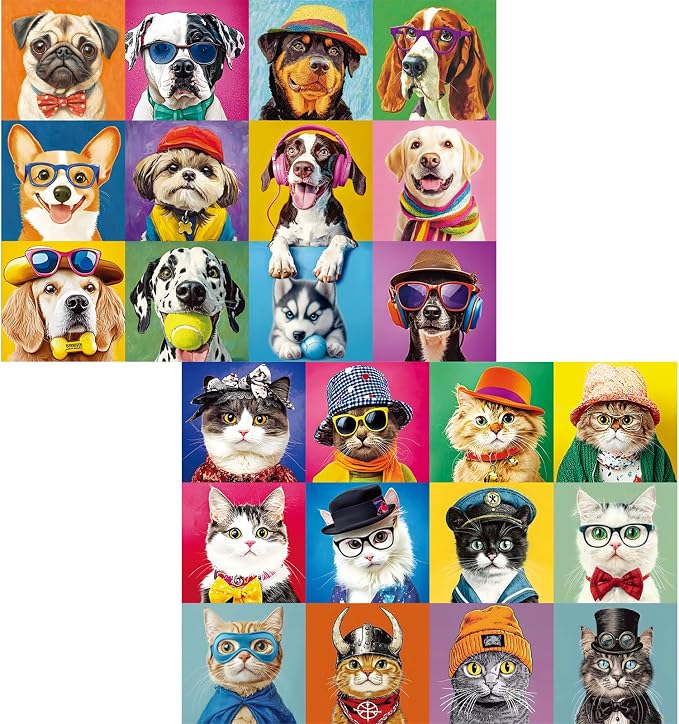 2 Pack 300 Piece Puzzle for Adults–Beautiful Cats Dogs Puzzle for Adults Teens–Large Piece Fun Jigsaw Puzzle for Kids Ages 8-10 10-12,Glossy & Sturdy Pieces,Family Game Great Gift Idea,20.5x15 in