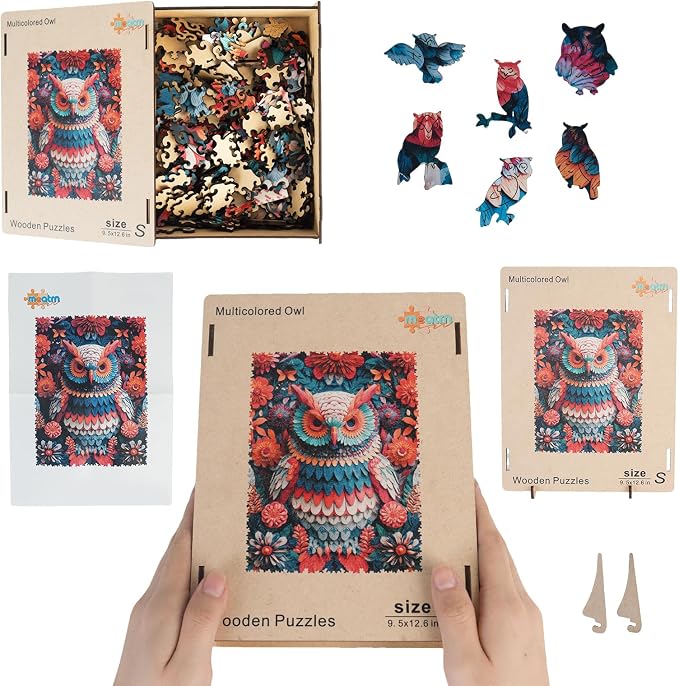 MEATRN Multicolored Owl Wooden Puzzles for Adults - 515 Pieces Natural Wood Jigsaw Puzzle, Laser-Cut Precision, Forest Wildlife Animal Theme, Relaxing Family Game & Creative Gift, 13.4x17.7in
