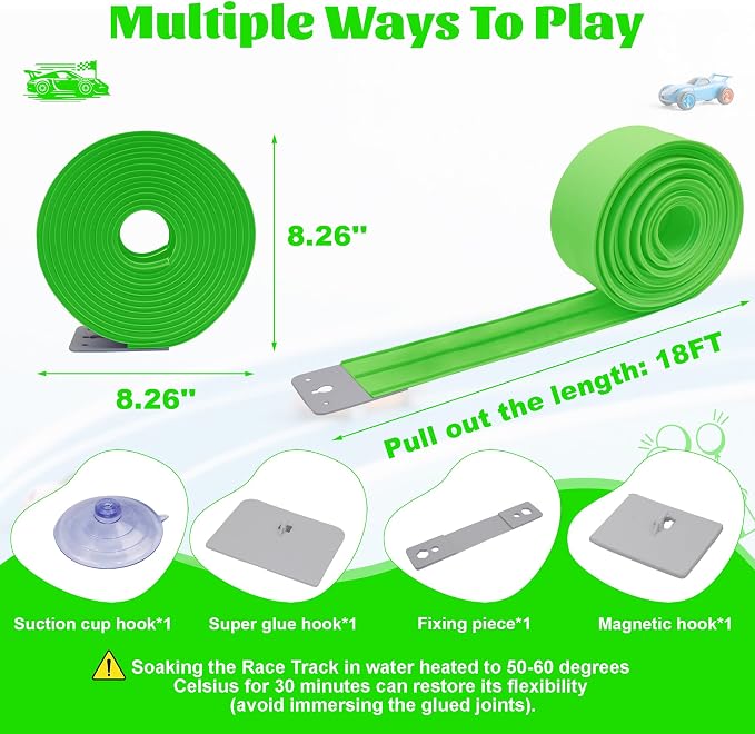 Flexible Race Car Track for Kids Toy, 19Ft Portable Two‑Lane Racing Starter Set, Wall Mount Suction Cups Magnets Hooks, Compatible for Vehicles up to 1/64th Scale-Green
