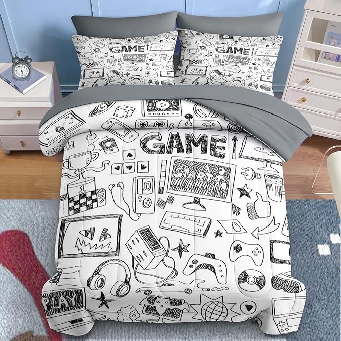 Nesker 7 Pcs Comforter Set Queen Size, Computer Games Doodles Bedding for Kids Teen, Gamer Gaming Black with Fitted Sheet 2 Pillowcases & 2 Shams for Bedroom Bed Decor