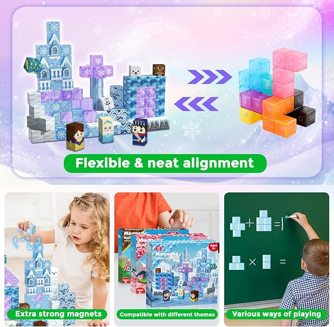 Magnetic Blocks - 100PCS Magnetic Building Block for Kids Age 3+, Transparent Magnet Cubes Blue Castle Building Toy Sets, STEM Magnets Toys Easter Birthday Gift for Boys Girls 4 5 6 7 8 9 10 11 12+