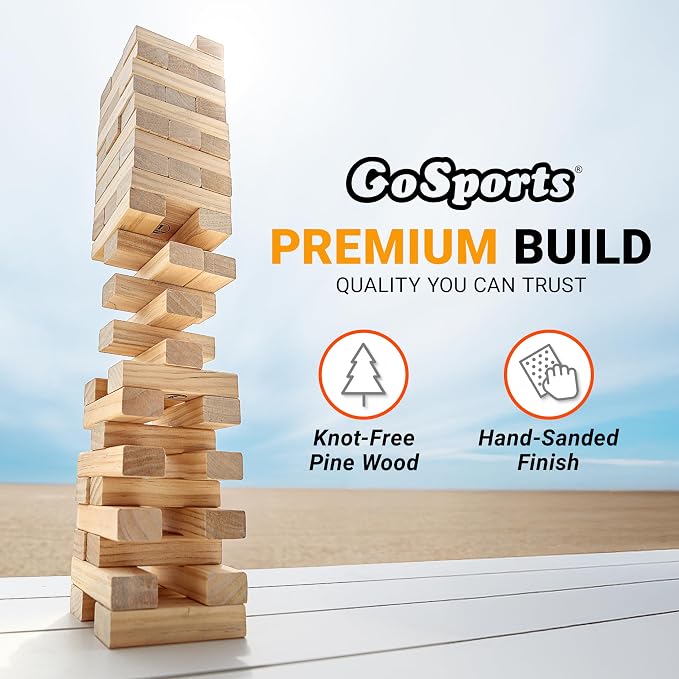 GoSports Giant Wooden Outdoor Stacking Game – Stacks Up to 3 ft – Large Toppling Tower with Case for Yard Games, Family Game Night, Camping, and Parties