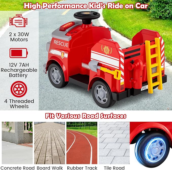 Costzon Ride on Fire Truck, 12V Toddler Fire Toy Kids Car w/Shovel & Wrench, Fire Extinguisher, Ladder, Safety Hat, 4 Anti-Slip Wheels, Music, Alarm, Horn, Electric Vehicle Gift for Toddlers (Red)