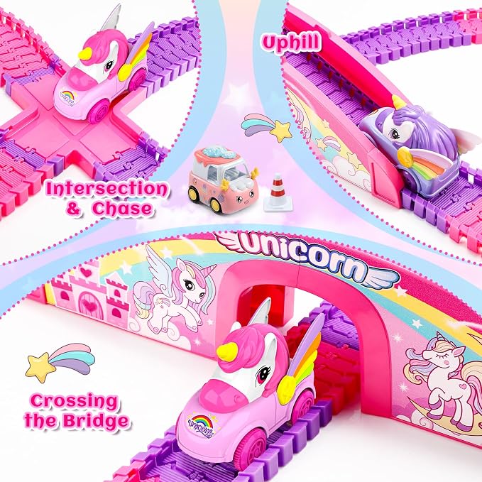 Aetyni Girls Toy Unicorn Car Track Set for Kids 4-6: Unicorn Monster Truck Race Track with 2 Princess Cars 3 4 5 6 7 8 Year Old Toddler Girl Birthday Gifts Girl Toys Age 4-5 6-7