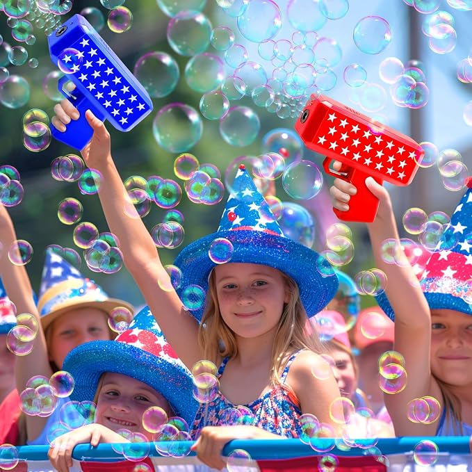 iGeekid 2 Pack Bubbles Guns Toys 4th of July Party Favors, 4th of July Accessories Patriotic Bubbles Makers with 4 Bubble Solutions & Star for Kids Independence Day 250th Anniversary Party Decorations