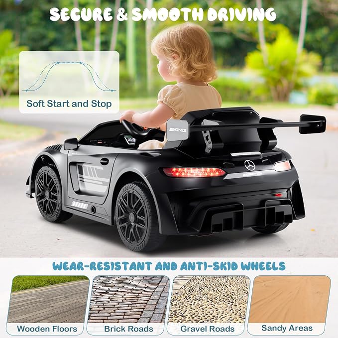 Costzon Ride on Car, 12V Licensed Mercedes-AMG GT3 Kids Car with Remote Control, 3 Speeds, LED Lights, Music, Wireless, Transport Wheels & Soft Start, Electric Vehicle for Toddlers Aged 3+ (Black)