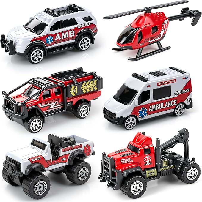 6 Pack Diecast Ambulance Toy, Mini Alloy City Rescue Emergency Vehicle Toys Playset Helicopter Toy Trucks for Boys Age 4-7 8 9 Years Old, Car Toys for Kids Toddlers Party Favors & Birthday Gift