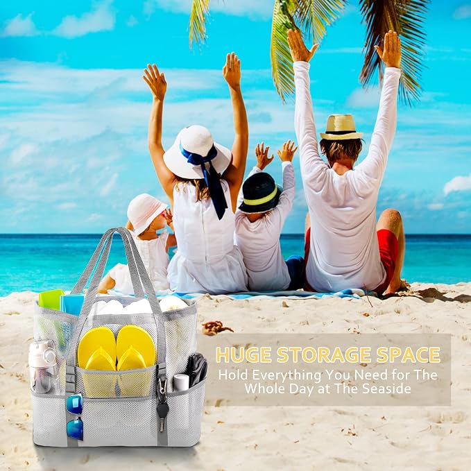 SRISE Mesh Beach Bag - Large Beach Tote Bag for Family Beach Bag for Toys & Vacation Essentials