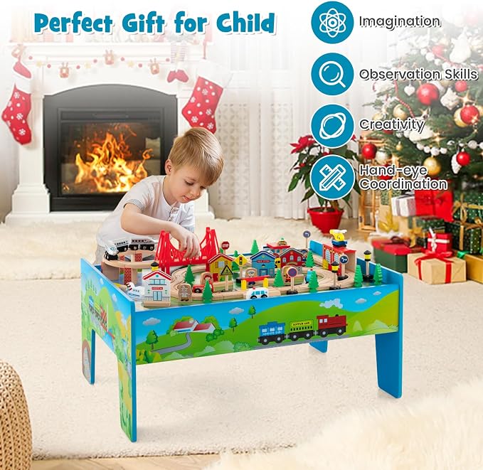 HONEY JOY Train Table, Wooden Kids Activity Table w/ 80 Multicolor Pieces, Tracks, Trains, Cars, Toddler Toy Train Table Set w/Reversible Tabletop, Gift for Boys Girls Ages 18 Months+ (Blue)