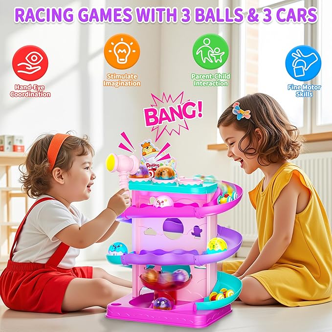 Funwee 2-in-1 Light Up Rolling Ball & Racing Car Ramp Toddler Toy, Race Track Hammer Ball Drop Toys, Interactive Montessori Learning Game for Kids 1-5+ Year Old Girl Boy Gift(Pink)