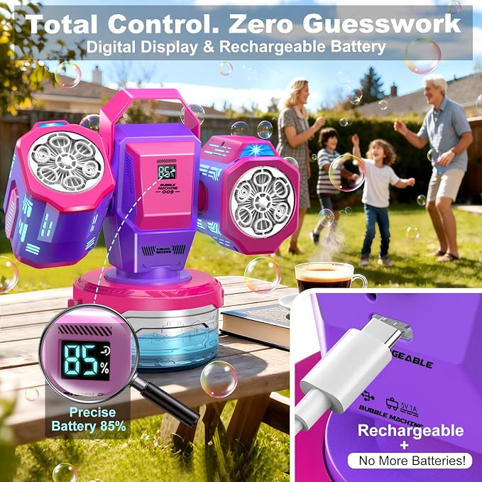 Rechargeable Bubble Machine with RGB Lights: 30,000 Bubbles/Min Storm, Auto 360° Rotation, Battery% Display - Remote Control Bubble Maker for Romantic Wedding, Kids Party & Outdoor Events