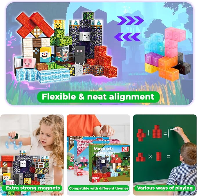 GraceDuck 100 PCS Magnetic Blocks - Magnetic Building Blocks, Stacking Magnets for Kids, Sensory Toy for STEM Montessori Sensory Toys for Kids 3+ Boys and Girls Christmas Birthday Gifts
