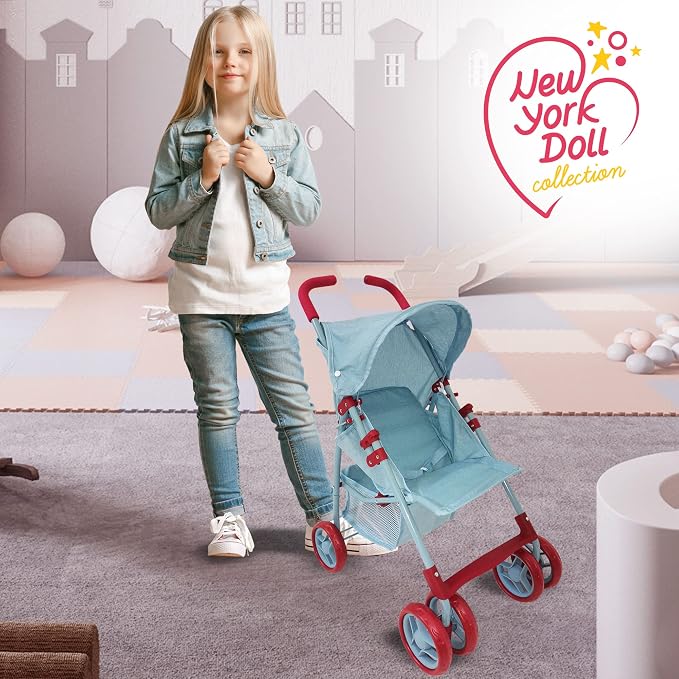 Baby Doll Stroller for Toddler Girls & Big Kids 6-8 Years Old | 28” Baby Stroller for Dolls, Toy Baby Stroller with Cute Ligh Denim Fabric, Mesh Storage Basket, Canopy, Handle Grips, Swivel Wheels
