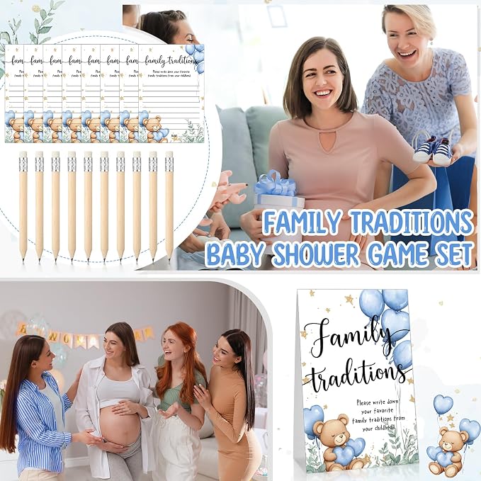 Fumete 61 Pieces Family Tradition Baby Shower Games Include 1 Family Traditions Standing Sign and 50 Activities Cards with 10 Pencils for Gender Reveal Bridal Shower Wedding(Blue,Bear)