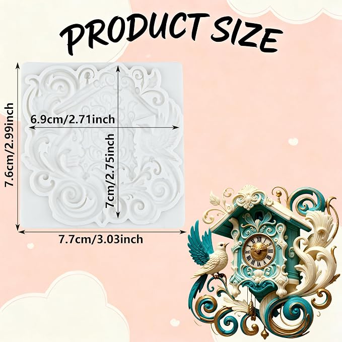 Vintage Clock Polymer Clay Molds Baroque Cuckoo Clock Silicone Mold for Jewelry Making Epoxy Resin Casting Air Dry Polymer Clay Craft