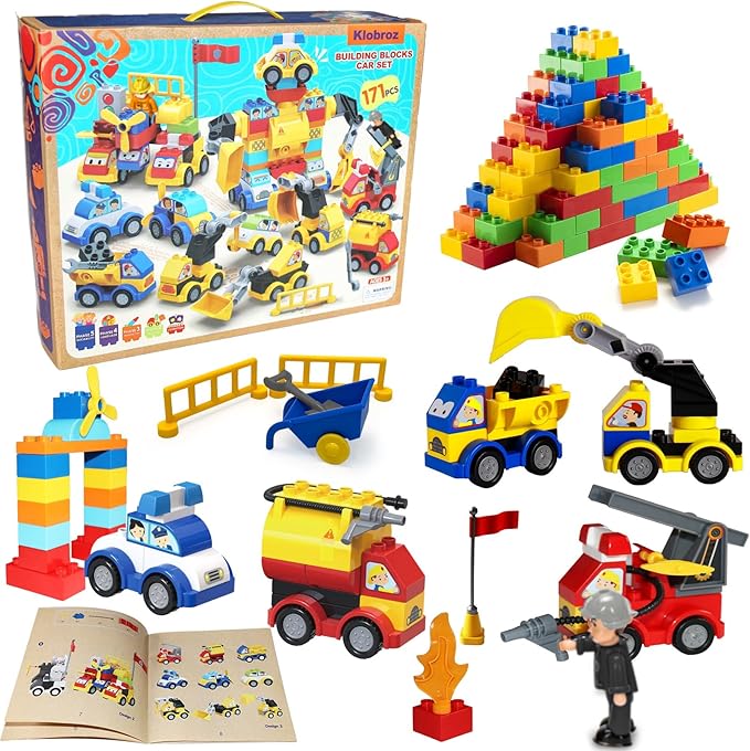 Klobroz Building Blocks for Toddlers 2-5, 171 Pieces Blocks Car Set for Kids Classic Large Building Bricks Compatible with All Major Brands Educational Toys for All Ages