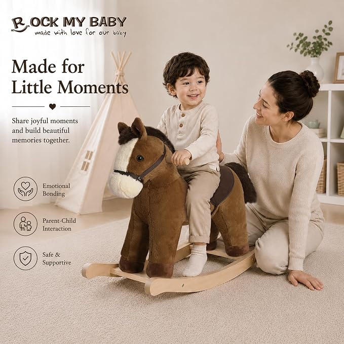 Rock My Baby Rocking Horse, Dark Brown Horse Rocker for Toddlers 18M+, Plush Ride on Horse Toy with Realistic Sound,Soft Stuffed Filling, CPC Certified