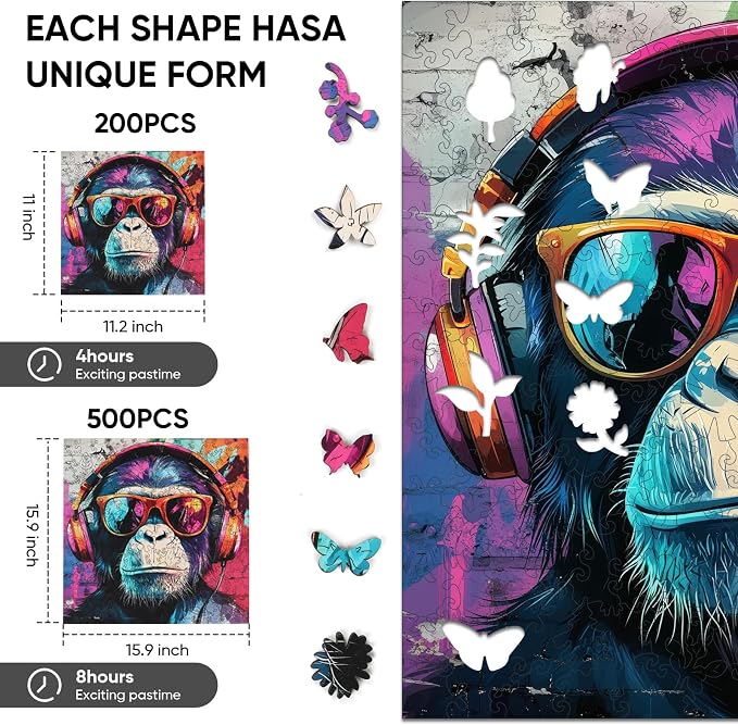 Ixfyloop Wooden Puzzles for Adults Wooden Jigsaw Puzzles for Adults Gorilla Wood Puzzles for Adults Wooden Modernist Style Adult Puzzles Birthday Gift, Pop Art Puzzle 200 Pieces 11x11.2 inch Inch