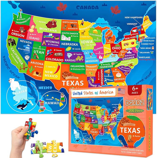 Puzzles for Kids Ages 6-8 8-10 10-12 Year Old - 200 Piece Jigsaw Puzzles for Kids Aged 6 to 12 - United States Puzzle - Colorful Children Puzzles for Girls and Boys Educational Toys