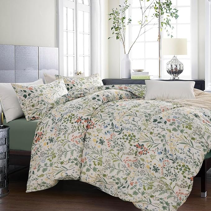 Vintage Garden Floral Comforter Set Queen Soft Fluffy Vibrant Colors Cute Floral Bedding Comforter Boho Aesthetic Queen Bed Comforter with 2 Pillowcases Cottagecore Botanical Flower Comforter Set