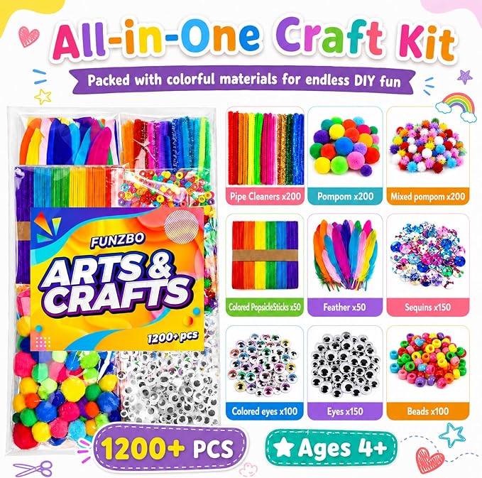 FUNZBO 1200pcs+ Craft Kits with Pipe Cleaners, Pom Poms for Crafts, Popsicle Sticks for Craft, Arts & Crafts Supplies for Kids Ages 4-8 Girls & Boys Birathday Gifts
