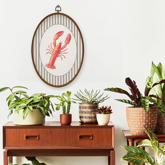 WULQYING Coastal Beach Red Lobster Wall Art Decor, Beach Nursery Oval Framed Canvas Art Prints, Neutral Striped Ocean Crawfish Wall Hanging Decor for Home Bedroom Kids Nursery Room, 8.6x11.4 Inches