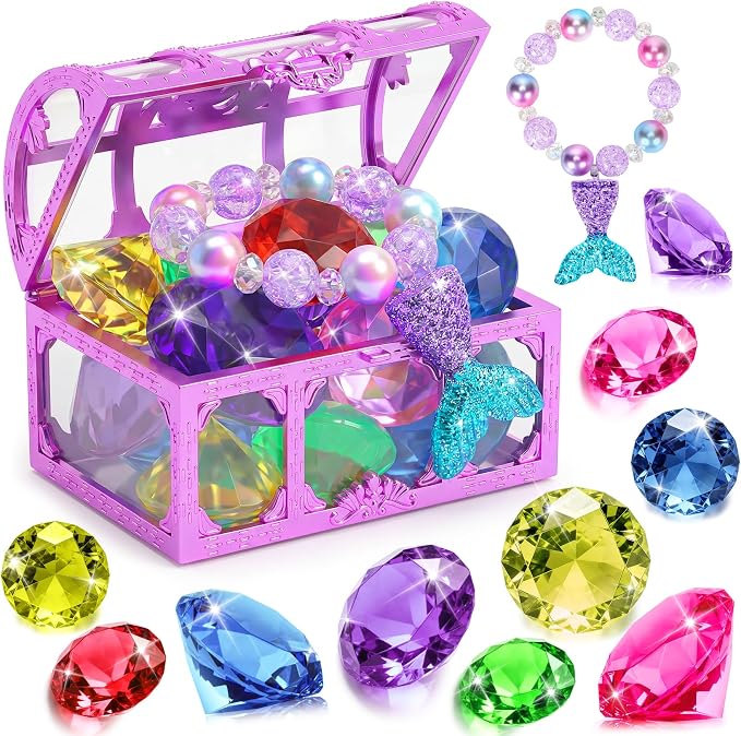VGOFUN Diving Gems Pool Toys,10 Pcs Colorful Diamond with Treasure Chest Pirate Box Kids Swim Toys Acrylic Underwater Gemstone for Boys Girls Bath Toys Swimming Training Gift Water Pool Games