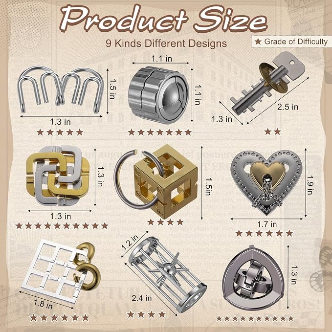 Wettarn 9 Pcs Metal Brain Teaser Puzzles 3D Steel Puzzle Set for Adults IQ Logic Challenge Disentanglement Unlock Interlocking Games Smart Logic Test Toys for Adults Mind Challenge(Novel Style)