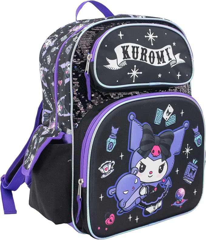 AI ACCESSORY INNOVATIONS Sanrio’s Hello Kitty Backpack for Girls, 16 Inch Kuromi, Kawaii School Bag with Flip Sequins & 3D Molded Front Pocket, Black