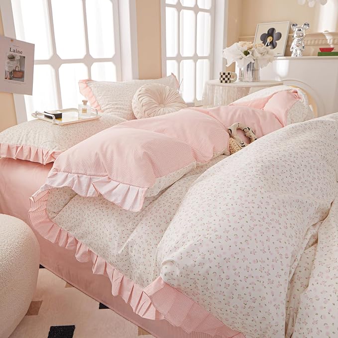 Pink Flower Comforter Set Twin XL 3 Pieces Ruffle Comforter Botanical Floral Pattern Romantic Princess Bedding Comforter Set with 2 Pillowcases Soft Fluffy Cottagecore Bedding Set for Teen Girls