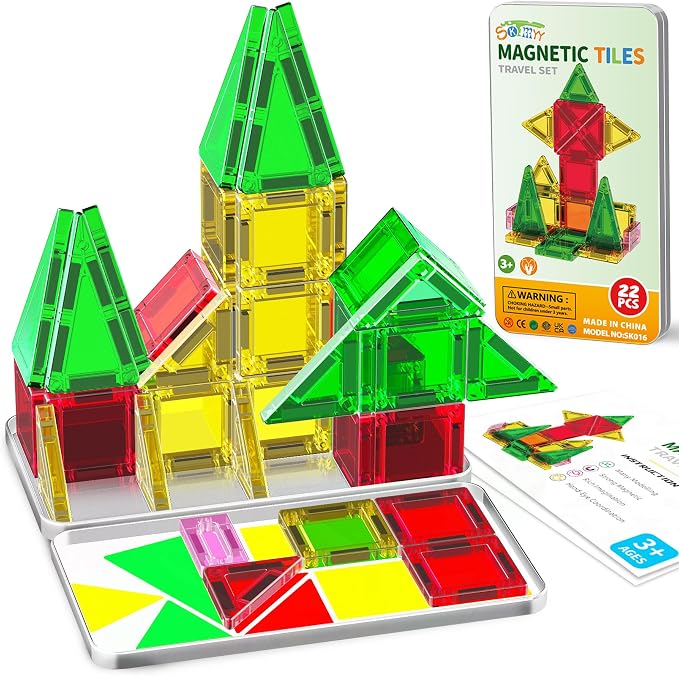 SKTMYY Mini Magnetic Tiles,Travel Magnetic Tiles with Metal Box,Car Airplane Travel Essentials for Kids Ages 3+,Creative Magnet STEM Toys Birthday Gift for Boys & Girls