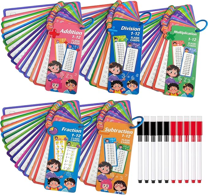 75 Pcs Addition Subtraction Multiplication Division and Fraction Flash Cards, Math Flash Card, Interactive Math Practice Kit for Kids 1st to 3rd Grade, Times Table Flashcards