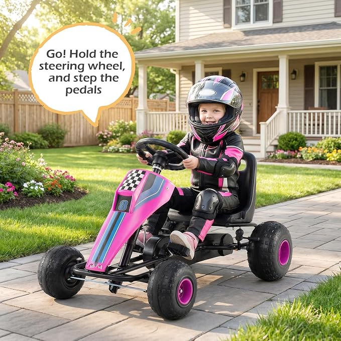 Costzon Pedal Go Kart, 4 Wheel Ride on Toy Pedal Car with Adjustable Seat, Handbrake, Free-Wheel & Pedal Modes, Outdoor Bicycle Go Cart with Wear-Resistant Wheels, Gift for Boys and Girls (Pink)