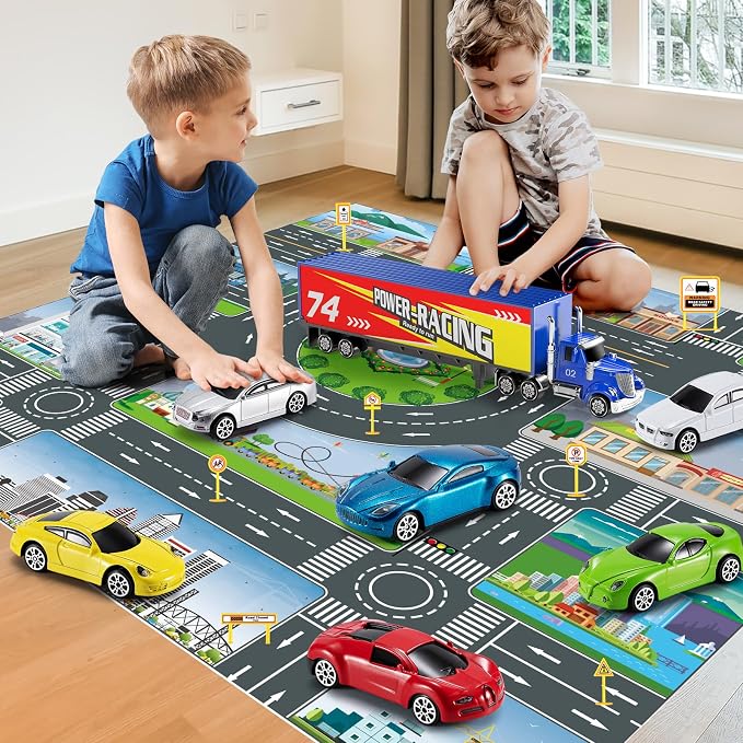 NIPLOOOW Die Cast Metal Racing Car Toy With Play Mat for 3-6 Year Old Boys and Girls - Christmas Birthday Gift