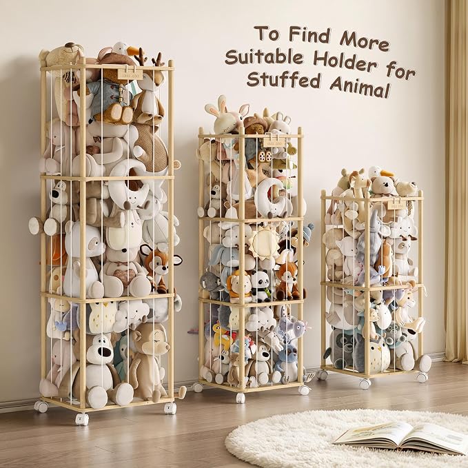 Stuffed Animal Storage Zoo with Wheels,Montessori-Inspired Solid Pine Wood Plush Toy Organizer,Extra Tall Stuffed Animal Holder with Thick Elastic Cords for Nursery,Kids Room and Bedroom,Extra Large